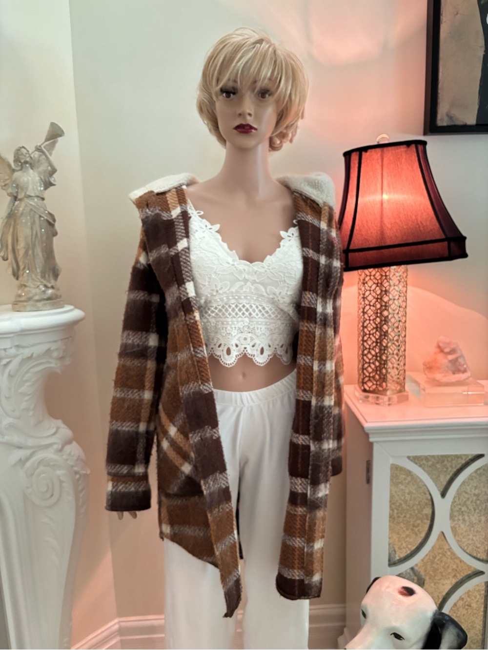 RD Style Plaid Hooded Coat in Brown, Cream & Tan R1 - Picture 12 of 16
